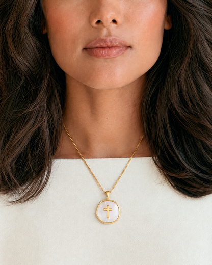 Seraphine Seashell Cross Necklace, 18k Gold – view 3