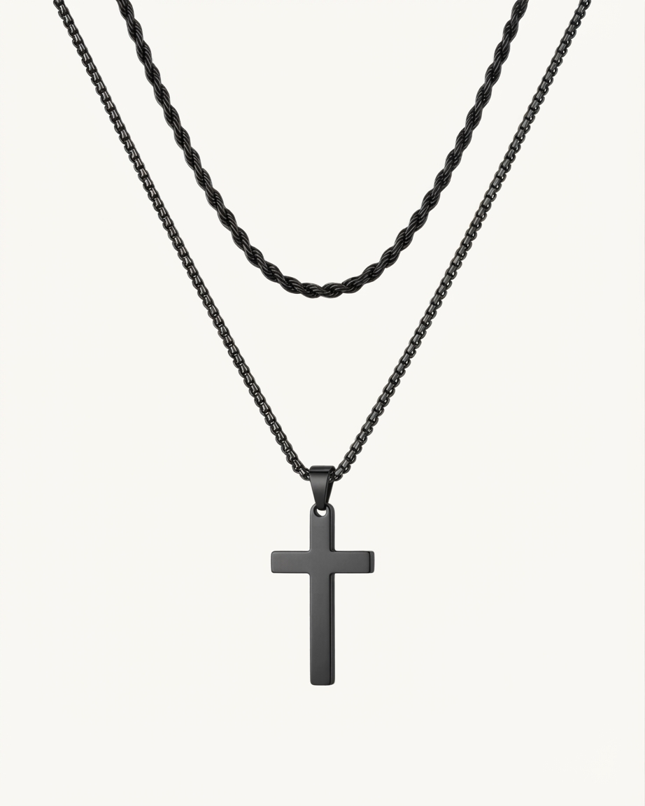 Titanium Cross Necklace in Black, Layered