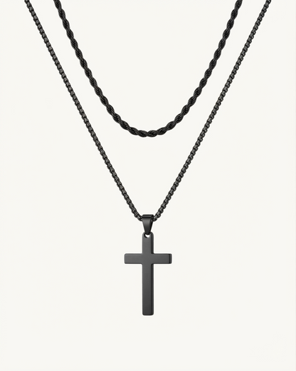 Titanium Cross Necklace in Black, Layered